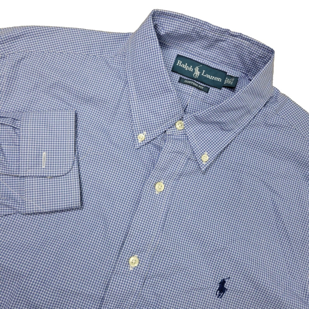 Vintage Ralph Lauren Custom Fit Mens 16.5-34/35 Blue‎ White Check Navy Pony